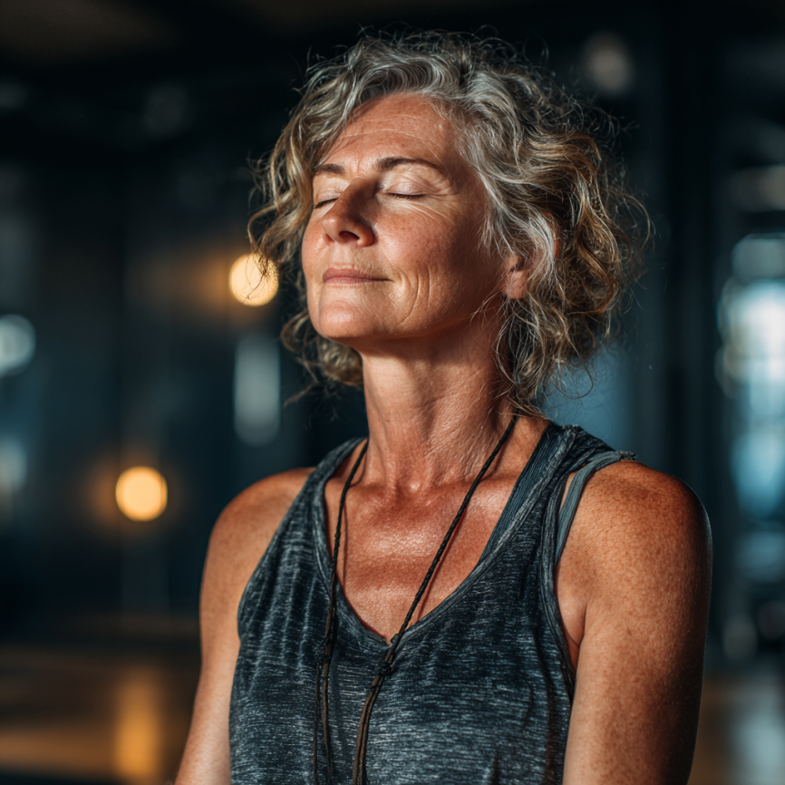 Літня жінка займається йогою на природі