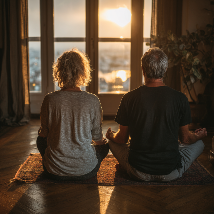 Група літніх людей займається йогою в студії